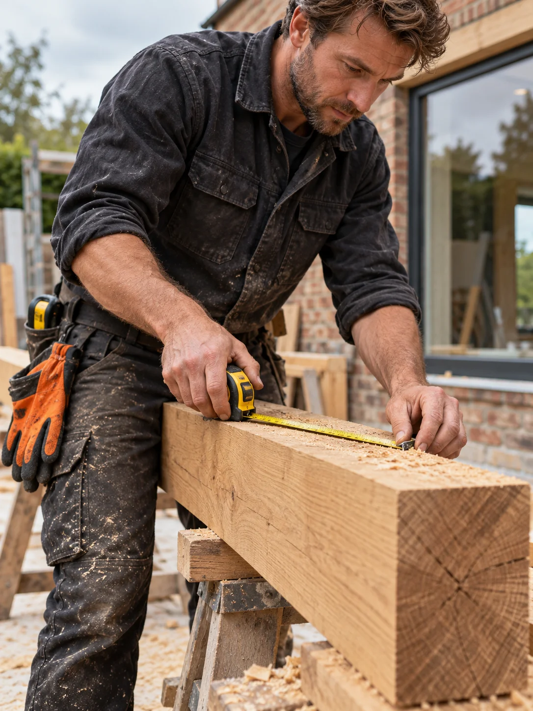 A Fieldwork carpenter measuring timber with care
