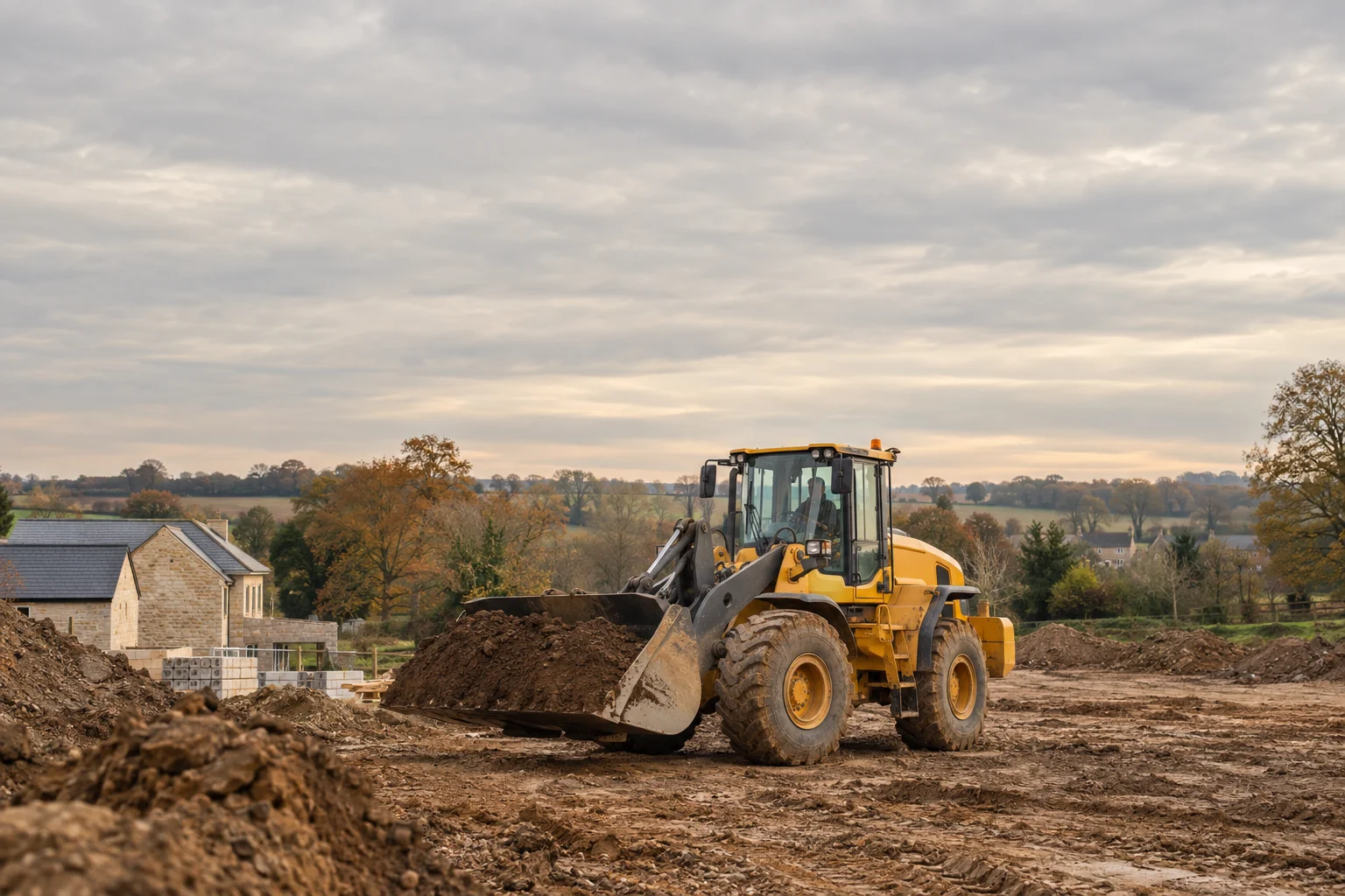 A yellow wheel loader preparing the ground at a local building site