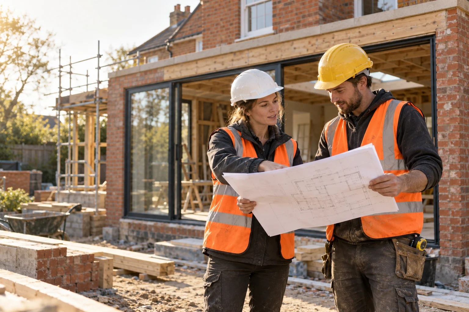 Two builders discussing plans at a residential project