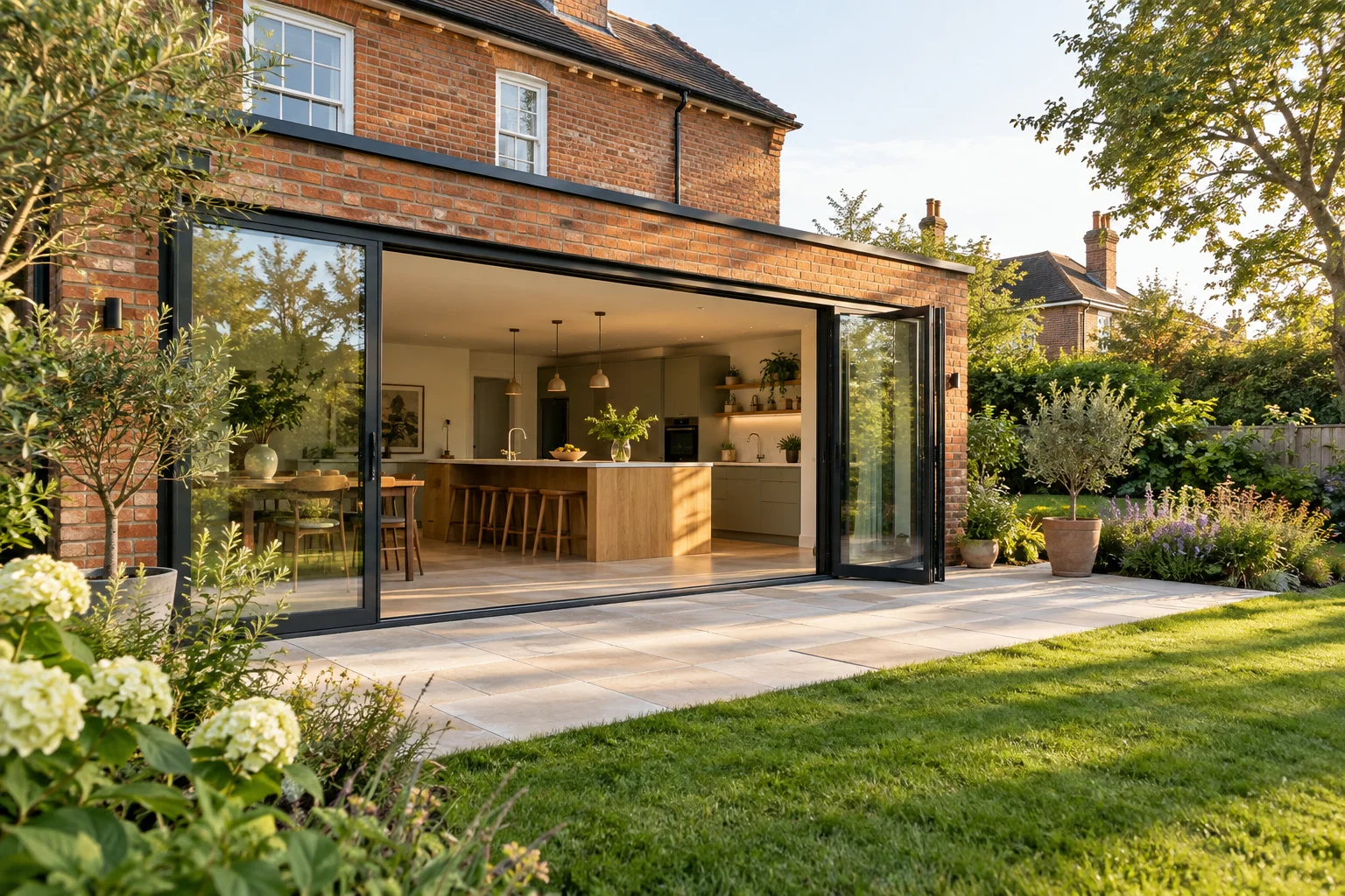 New kitchen extension with black framed doors opening to a garden